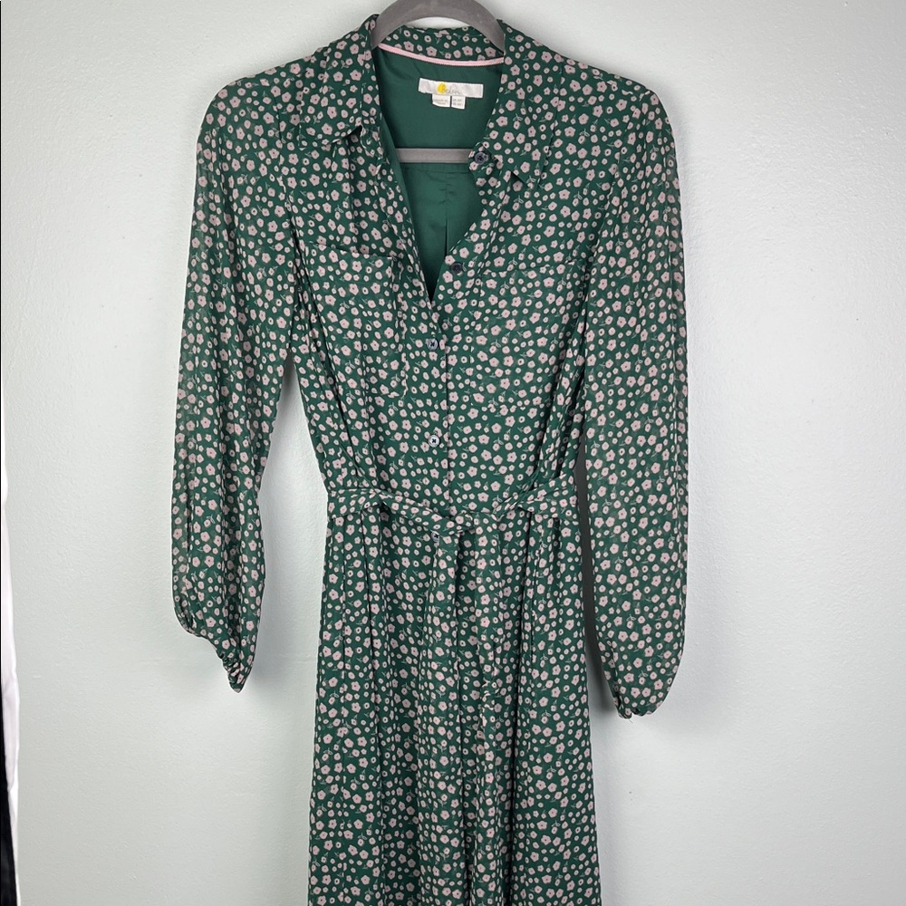 Boden Green Floral Long-Sleeve Button-Front Tie-Waist Dress